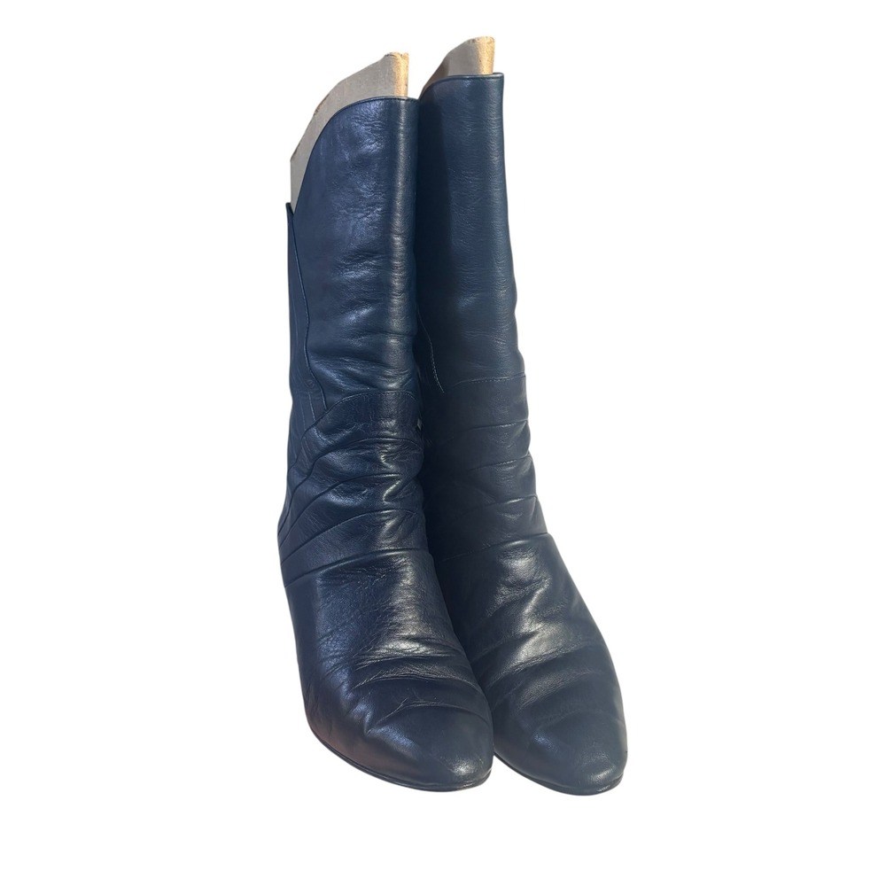 Gloria Vanderbilt VTG 5 Navy Blue Leather Pleated Kitten Heel Boot Pointed Toe - Picture 3 of 16